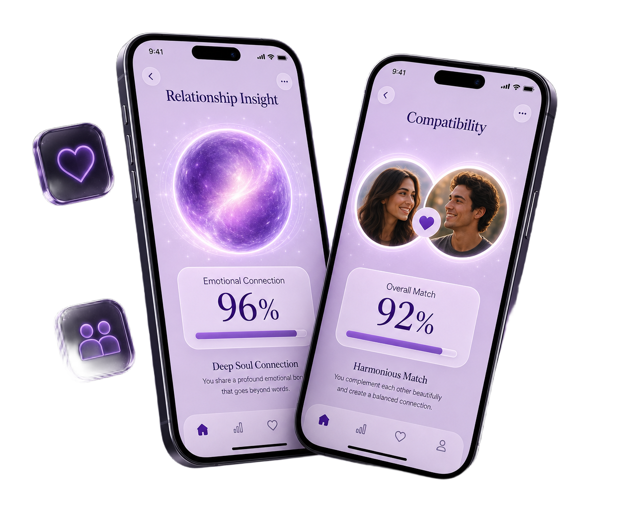 Auraly screens showing relationship insight and compatibility